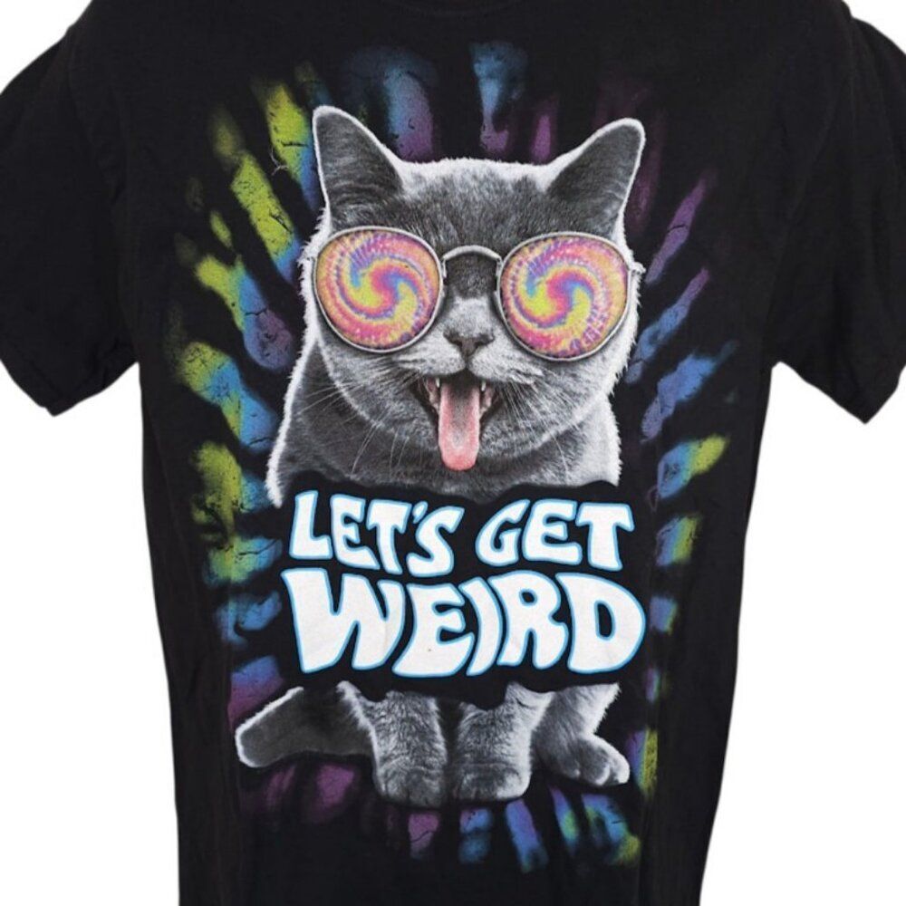 Cat T Shirt Mens Size Medium Black Lets Get Weird Psychedelic Tie Dye Animal Tee